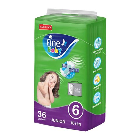 Fine Baby Diapers, DoubleLock Technology , Size 6, Junior 16kg +, Jumbo Pack, 36 diaper count