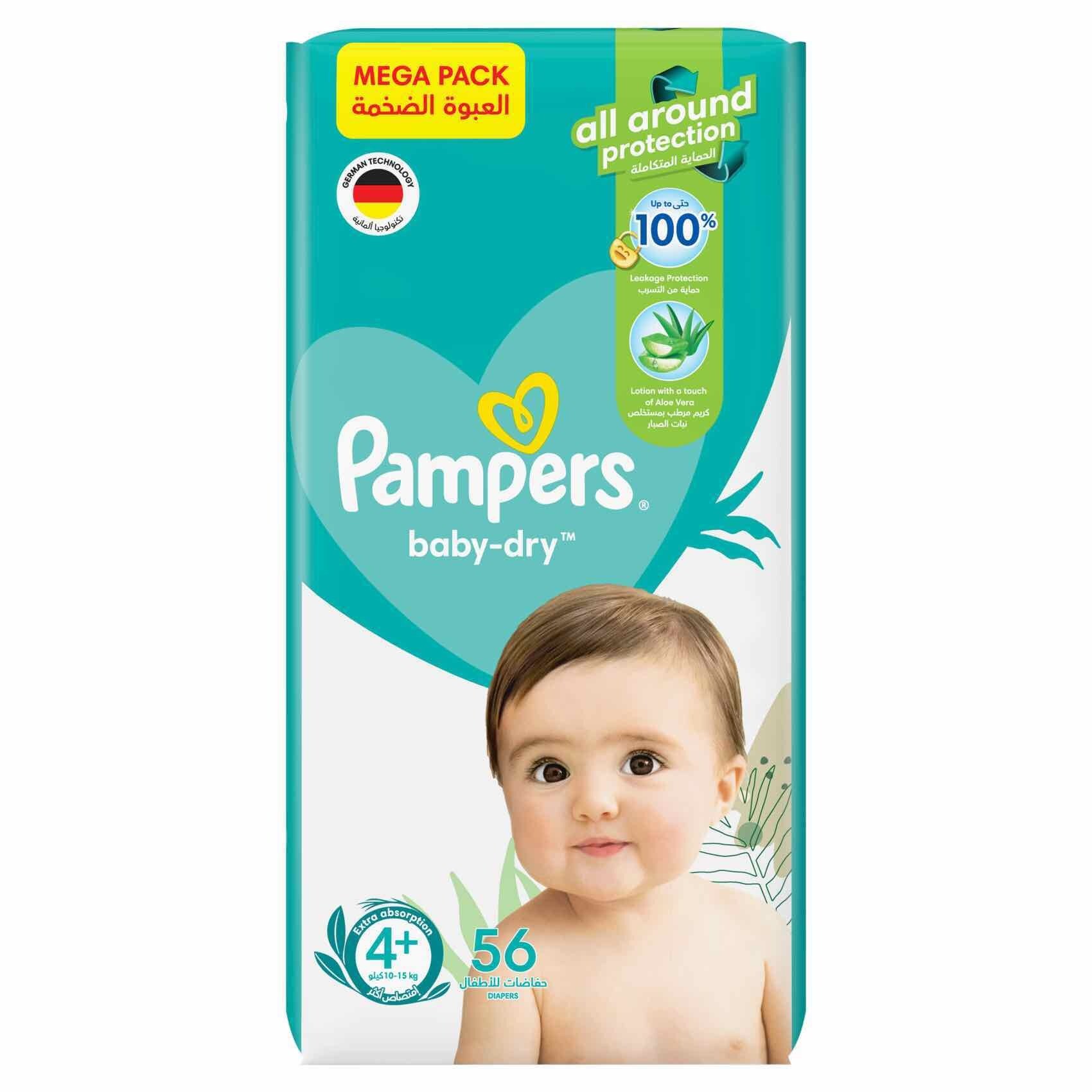 Pampers Baby-Dry Diapers with Aloe Vera Lotion, Size 4+,10-15 kg, 74 Diapers