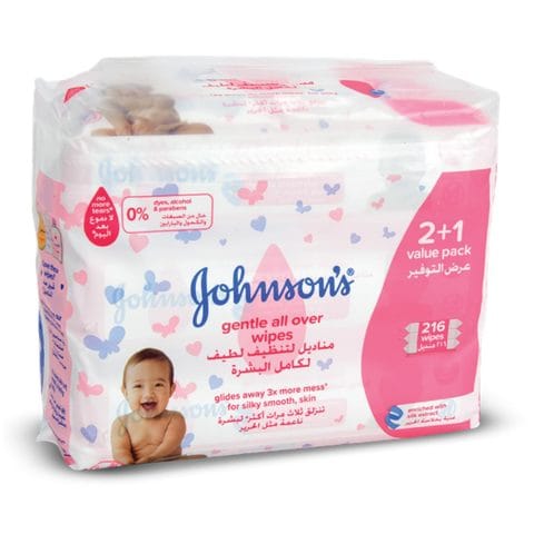 جونسون مناديل مبللة لتنظيف لطيف لكامل البشرة للأطفال، 72منديل (×2 +1)