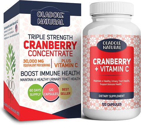 Oladole Natural Cranberry (30,000 mg) + Vitamin C 120 Capsules, Triple Strength Ultimate Potency, Non-Gmo, Gluten Free Cranberry Pills Supplement From Concentrate Extract