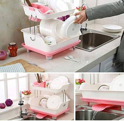 Dish Drying Rack 2 Tiers Holder Plastic Kitchen Tray Drainer Organizer Holder (Pink)