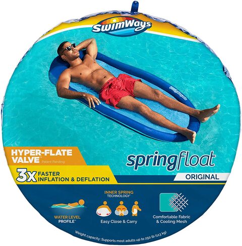 SwimWays Spring Float Inflatable Pool Lounger with Hyper-Flate Valve, Blue