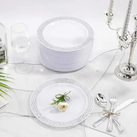 Aiwanto 175Pcs Disposable Dinner Set Dinnerware Set Silver Lace Design Plate Spoon Set for Birthday Anniversary Christmas Party Accessories