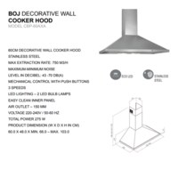 BOJ 60cm Decorative Wall Mounted Cooker Hood CBP 60AXA, Stainless Steel Body, Mechanical Control With Push Buttons, 3 Speeds LED Lighting, Made In Italy - 1 Year Manufacturer Warranty