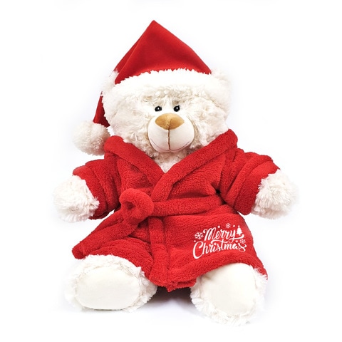 Caravaan - Soft Toy Cream Bear size 38cm w/ Santa Hat and Velour Bathrobe with Merry Christmas embroidery.