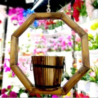 Ling Wei - Hanging wooden flower basket garden decoration bird nest decoration beautiful vase and pots (round)
