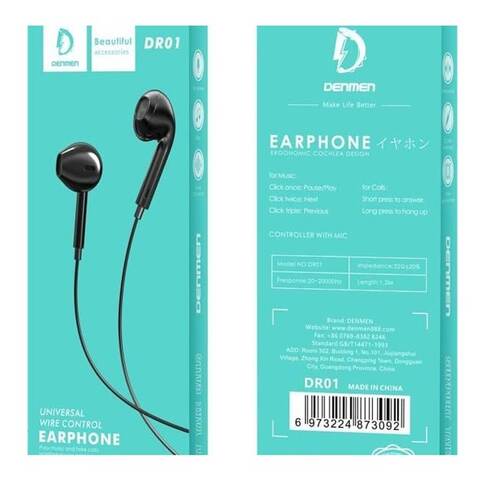 Denmen Earphone Universal Wire DR01 Black