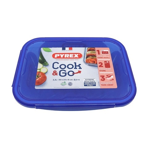 Pyrex Cook &amp; Go Rectangular Food Container With Lid Blue And Clear 3.3L