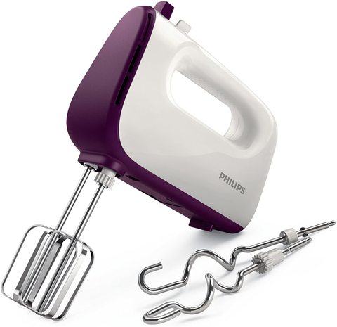 Philips HR3740/11 Viva Collection Hand Mixer -White/Deep Purple, 400W, Stainless Steel Hooks, 5 speeds + turbo, Double Balloon Beater + Kneading tool, UAE Version