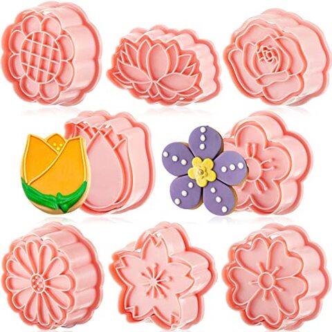 Generic 8 Pieces Flower Cookie, Cutter Flower Shaped Cookie Mold, Plastic Pink Cookie Cutters For Home Kitchen, 8 Styles