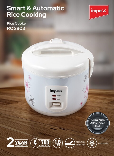Impex Electric Rice Cooker 1.8L -Deluxe Rice Cooker, Automatic Cooking and Keep Warm, Aluminium Inner Pot, Cool Touch Body and Carrying Handle, High-Quality Heating Coil 700W RC 2803