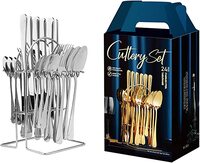 24 Piece Silverware Flatware Set With Stand,Stainless Steel Utensils Service set for 6,Mirror Polished Cutlery Set,Dishwasher Safe Knife Fork Spoon Tableware set (Silver)