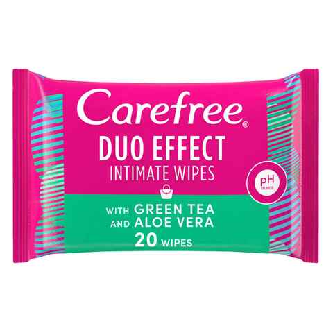 Carefree Duo Effect Intimate Wipes Green Tea &amp; Aloe Vera 20 Pieces