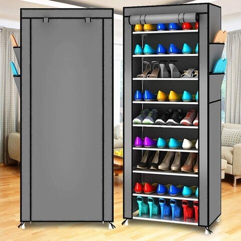 10 Tiers Shoe Rack Cabinet Storage 27 Pairs grey Portable Dustproof for Hallway Bedroom Living Room