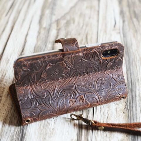Leather iPhone XS MAX wallet Case Handmade Wristlet iPhone XS MAX Cover Tooled Flower Brown 408H-5