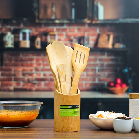 Royalford Organic Bamboo Kitchen Tools, RF10239, Spatula, Turner, Slotted Turner, Serving Spoon, Rice Spoon And Holder, Nonstick Kitchen Utensil Set, Non-Scratch Cookware Tools