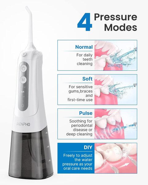 Renpho Oral Irrigator Cordless Water Flosser, Rechargeable, 300ml (Waterproof Dental Flosser Water Pick For Teeth, Portable Teeth Cleaning Kit, With 4 Modes For Travel, Household)