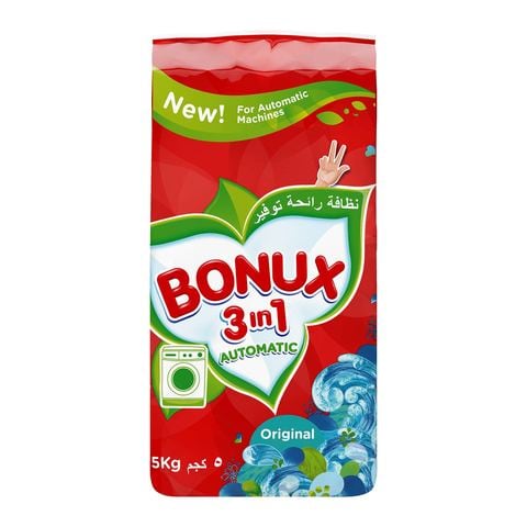 Buy Bonux original 3 in 1 detergent powder low foam 5 Kg in Saudi Arabia