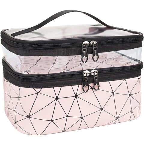 Makeup Bags Double layer Travel Cosmetic Cases Make up Organizer Toiletry Bags (Pink)