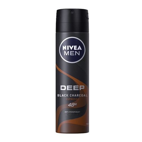 NIVEA MEN Antiperspirant Spray for Men, 48h Protection, DEEP Black Carbon Antibacterial, Espresso Scent, 150ml