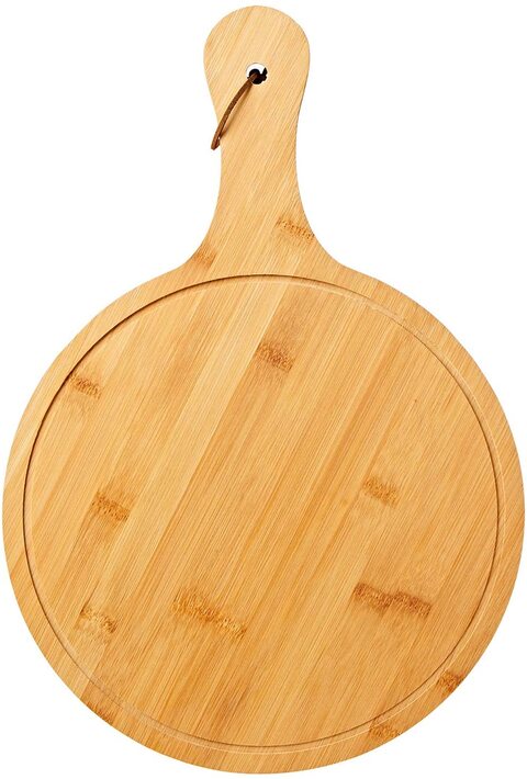 Household Wooden Round Flat Fruit Pizza Serving Board Tray Plate with Handle Brown 30 CMS
