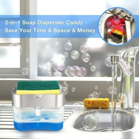 Generic Dishwashing Soap Dispenser,Soap Dispenser Sponge Holder 2 In1,Dish Soap Dispenser Caddy,Countertop Soap Dispenser,Soap Pump Dispenser,Sponge Caddy,13 Ounces, Silver