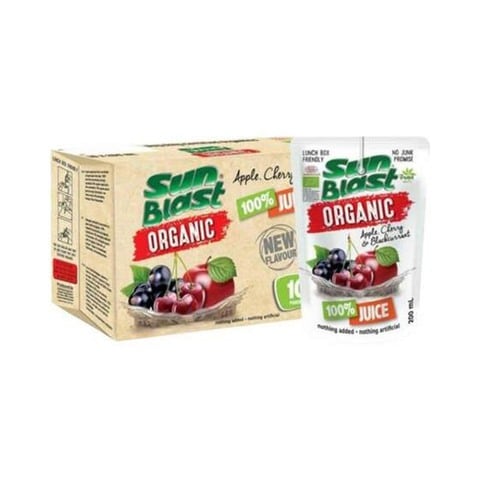 Sun Blast Organic No Added Sugar Apple Cherry And Blackcurrant Juice 200ml Pack of 10