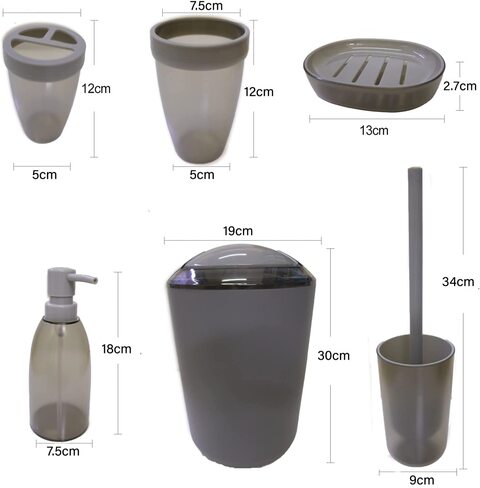 Bathroom Accessories Set,6-Piece Bathroom Gift Set,Toothbrush Holder,Toothbrush Cup,Soap Dispenser,Soap Dish,Toilet Brush Holder,Trash Can,Tumbler Bathroom Accessory Set Complete,Grey Transparent