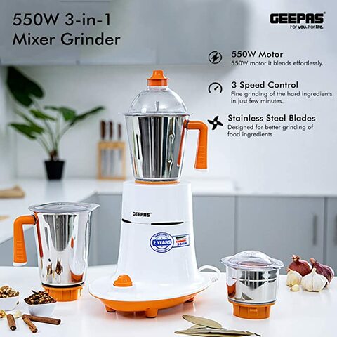 Geepas Gsb5080 Mixer Grinder With 3 Stainless Steel Jars