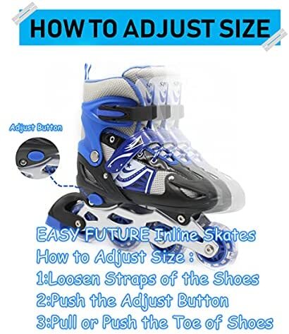 EASY FUTURE Inline Skates Adjustable Size Roller Skates with Flashing Wheels Children Skate Shoes Including Protective Gear Knee Elbow Wrist Blue Large (39-42)