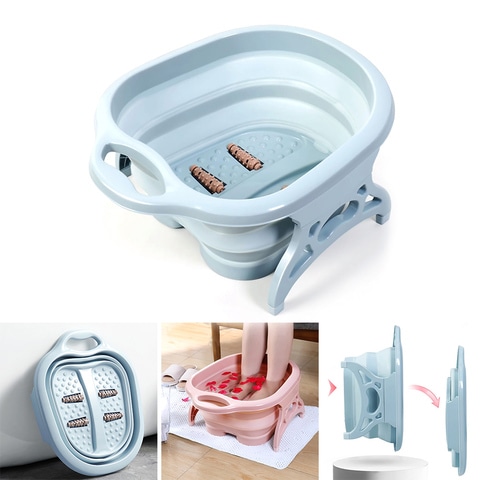 Generic-Blue Folding Foot Care Tub Portable Foot Wash Massage Bucket Travel Folding Bucket with 4 Massage Balls Bathing Feet in Winter Anti-slip Handle Endurable Meterial