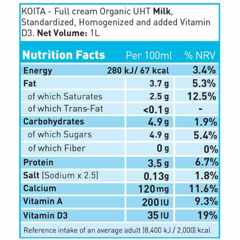 Koita Whole Organic Cow Milk Vitamin A &amp; D3 1L