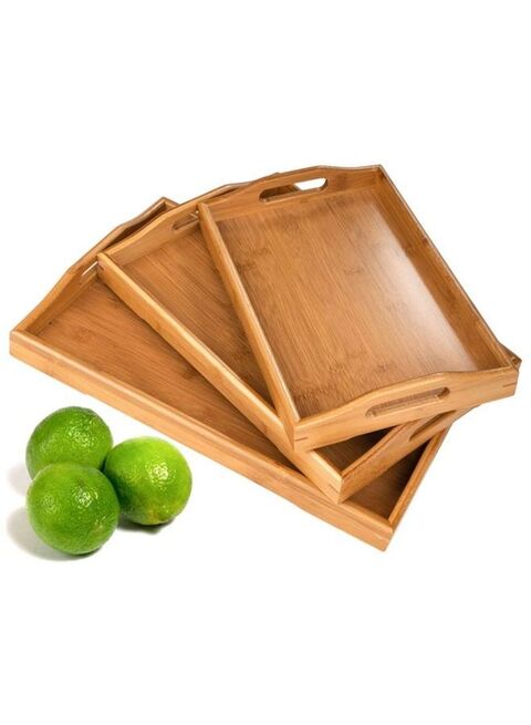 Marrkhor 3 Pack Serving Tray,Large Bamboo Serving Tray With Handles Wood Serving Tray Set For Coffee,Food,Breakfast,Dinner