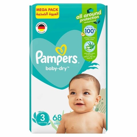 Pampers Aloe Vera Taped Diapers, Size 3, 6-10kg, Mega Pack, 68 Diapers &nbsp;