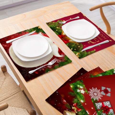 Deals for Less -Set of 4 pieces christmas placemat water proof linen, Christmas bell design maroon color