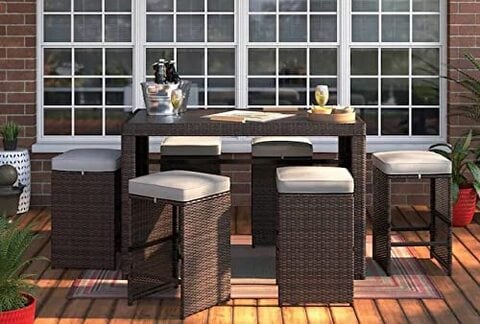 Yulan 7-Piece Brown Steel Frame Bar Height Patio Set With Cushions, Furniture For Backyards, Porches, Gardens Or Pools, Brown 496