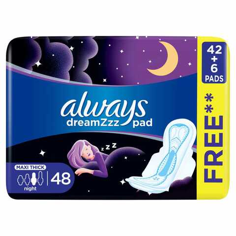 Buy Always Dreamzz Pad Clean And Dry Maxi Thick Night Long Sanitary Pads With Wings White 48 Pads in UAE
