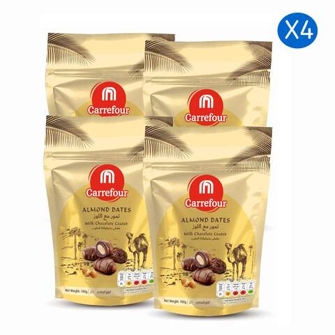 Buy Carrefour Almond Dates With Milk Chocolate Coated 100g Pack of 4 in UAE