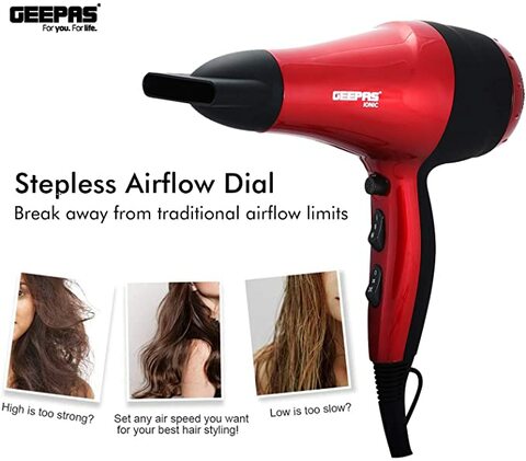 اشتري Geepas Ghd86018,Geepas Hair Dryer/2Spd-3Heat/Coolshot/Ionic, Red, في الامارات