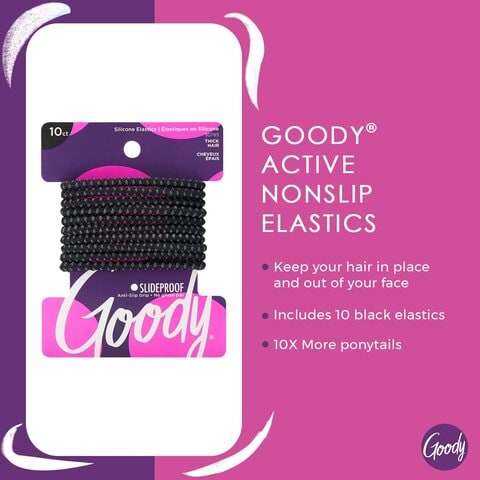 Goody Nonslip Women&#39;s Elastic Hair Tie Black, 4mm For Medium Hair- Ouchless Pain-Free Hair Accessories For Women&#39;s Perfect For Long Lasting Braids, Ponytails, 10 Count