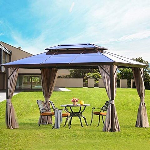 Yulan Metal Frame Outdoor Gazebos Garden Pavillion Tent With Double Curtain with Plastic Hardtop 3x4 070