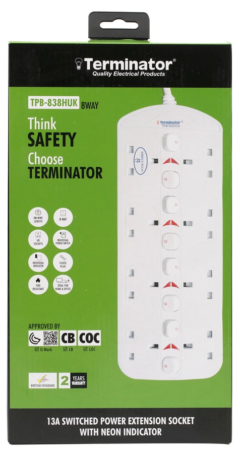 Terminator Brand Double Sided UK Socket Power Extension With Individual Switches - 8way 3M