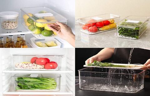 Large Clear Plastic Stackable Refrigerator Bins, Food Storage Containers Box with Vented Lids and Removable Drain Tray, Organizers for Kitchen &amp; Pantry (2 Pcs)