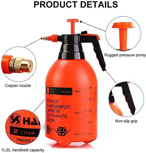 MARGOUN 2L Pressure Sprayer Watering Bottle Spray , Portable Pressurized Sprayer Multifunctional Pressure Watering Bottle for Garden, Plant, Flower (2 Litre, Orange)