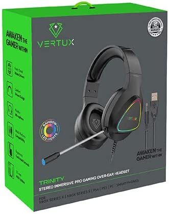 Vertux Trinity Stereo Immersive Pro Gaming Over-Ear Headset, Wired Headphones With Adjustable Mic, Integrated Volume Control, 7.1 Channel Surround Sound, Rgb LED Lights, USB Braided Cable- Black