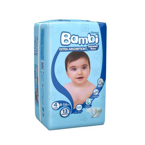 Sanita Bambi Baby Diapers Large Size 4, 13 Count, 8-16kg