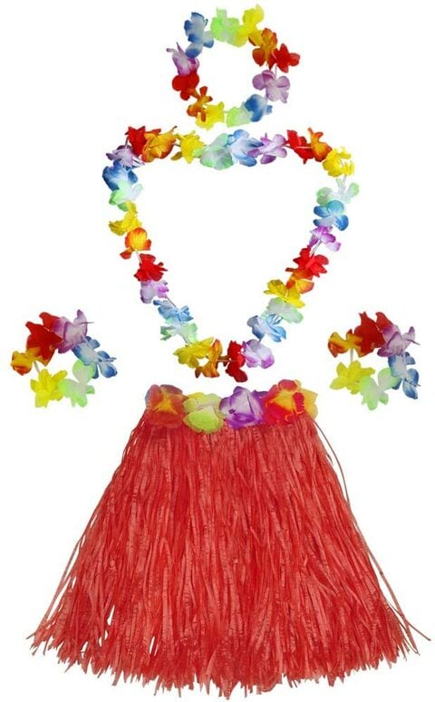 Party Time Red Hula Grass Skirts Elastic Girls Children Womens Hawaiian Hibiscus Flower Dancer Dress Favors For Party Decoration Supplies Performance Bracelets, Headband, Necklace Costume Set, 1 Set