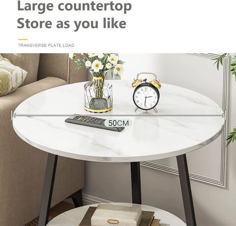 Round Coffee Table, Double Layer Sofa Side Table End Table, Imitation Marble Coffee Round Table Snack Table Bedside Table with Simple Design for Living Room Small Space (H221A-Black)