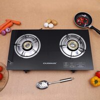 Olsenmark - OMK2317 Tempered Glass Double Burner Gas Stove - Auto Ignition - Stainless-Steel Drip Pan - Cast Iron Pan Burner