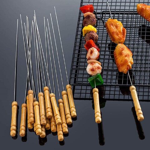 Roasting Sticks,  Stainless Steel Forks, Perfect for Sausages, Wooden Handle Barbecue Fire Pit Camping Accessories, Hot Dog Campfire Camping Stove BBQ Tools - 10 Pcs